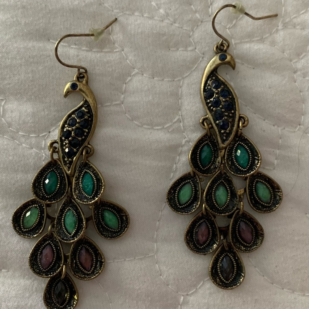 Peacock-Inspired Gold and Green Earrings